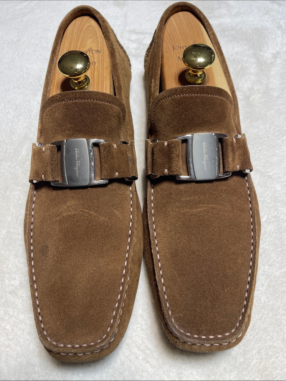 Salvatore Ferragamo Sardegna Brown Suede Loafers Silver Tone Buckle Size 10.5